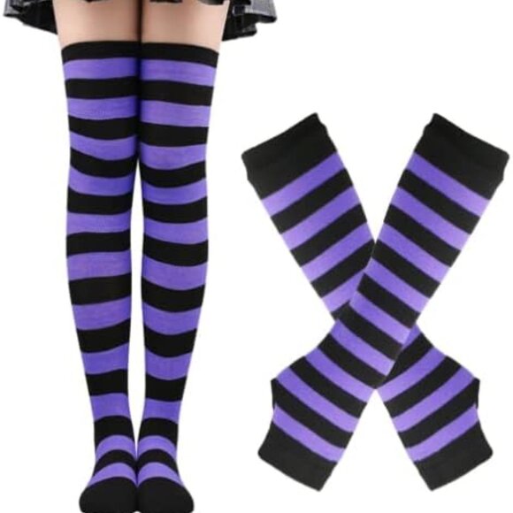 Womens Girls Striped Thigh High Socks Over Knee High Socks Leg Arm Warmer Finger - Picture 1 of 9